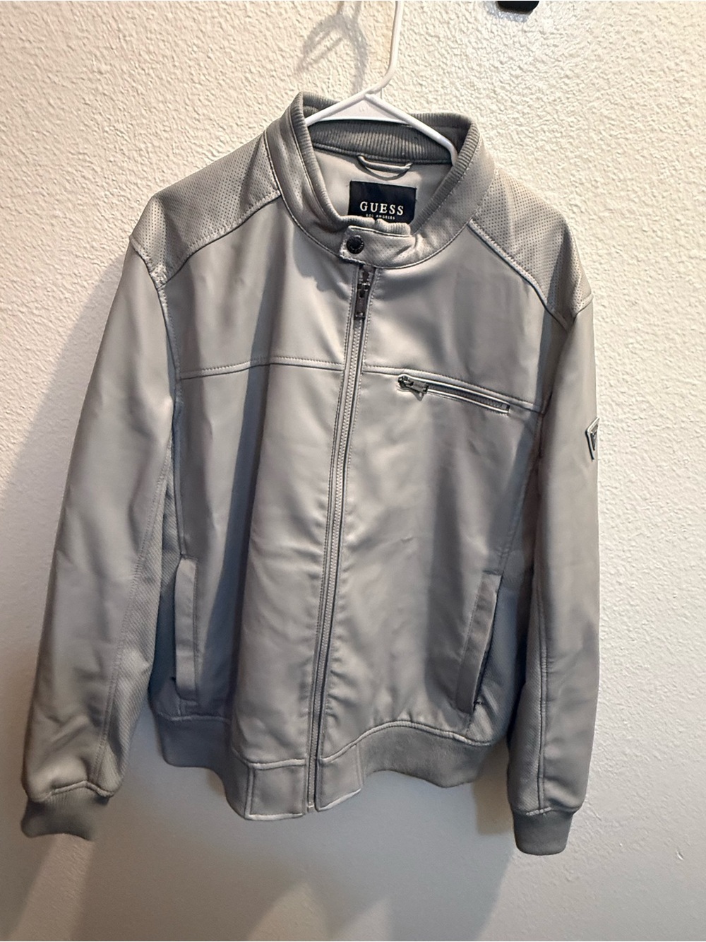 GUESS Light Gray Men’s Faux Leather Bomber Jacket Size XL